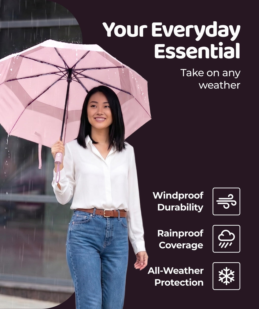 Windproof Travel Umbrella - Compact & Withstands Winds up to 100MPH, Strongest Premium Auto Folding Umbrella for Rain and Sun - Durable, Light & Portable for Women & Men, Fits Backpack & Cars