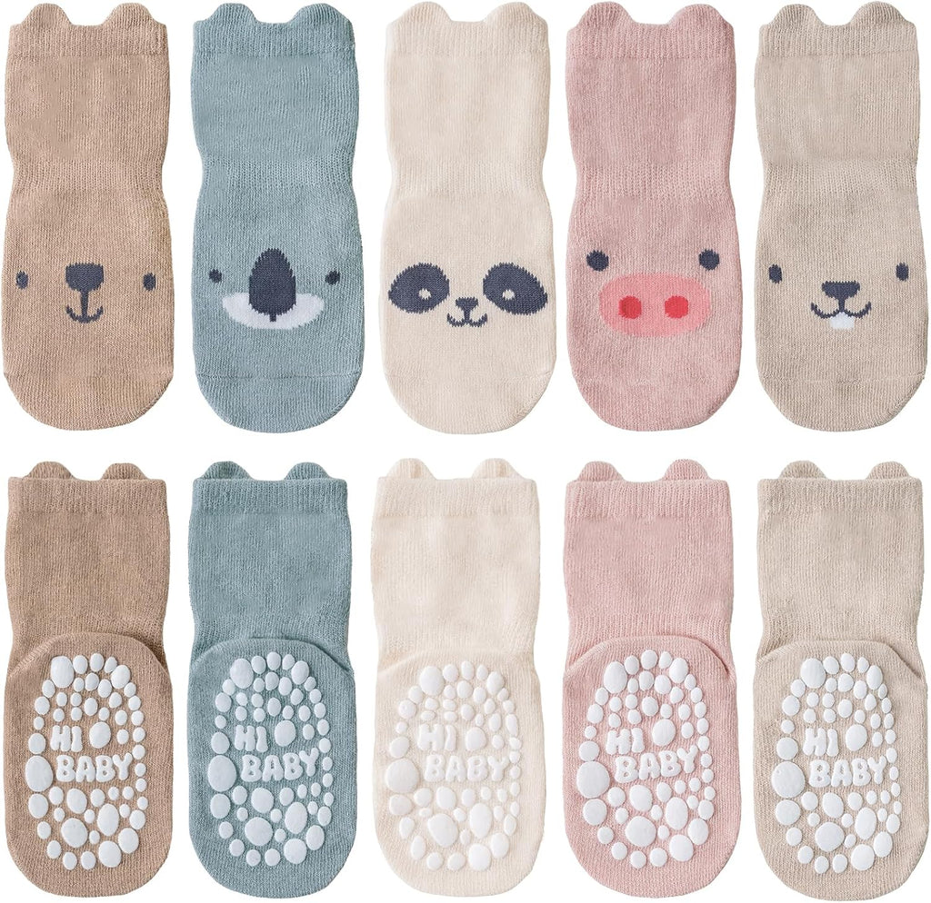 SockWaddles Chaussettes de bébé, 5 paires de chaussettes antidérapantes ABS respirantes pour enfants, chaussettes de bébé en coton, garçons et filles avec des animaux et des licornes