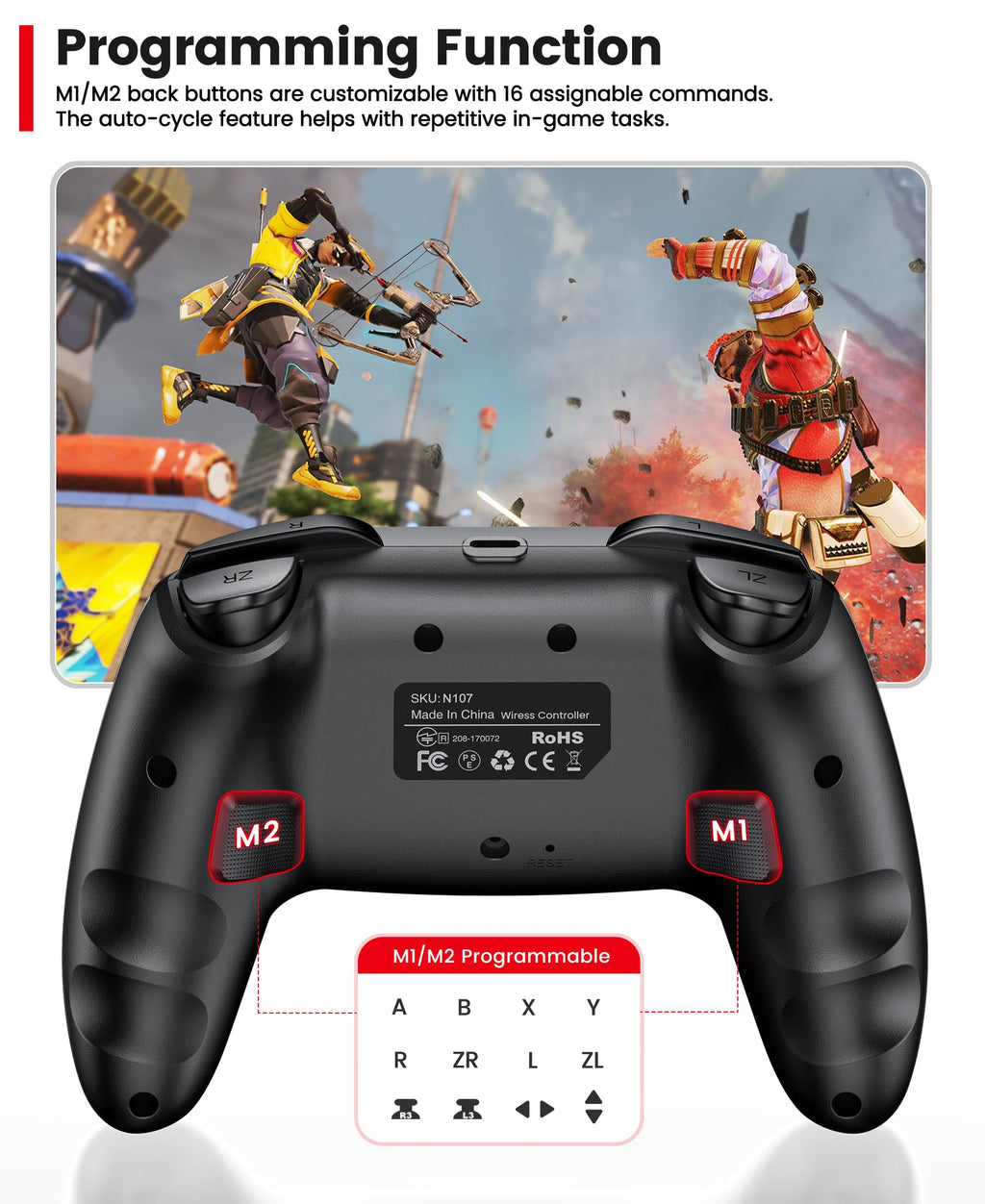 HELLCOOL Switch Controller, Kabellos Switch Pro Controller für Switch/Lite/OLED Konsole, Macro/Turbo/Aufwachfunktion, Präzise Steuerung, Dual Motors Vibration, 15 Std Spieldauer