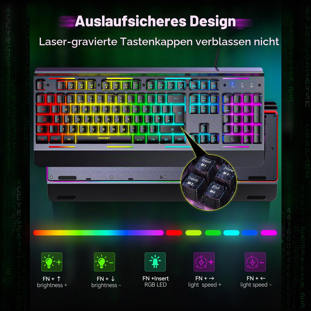 TECKNET Gaming Tastatur 105 Tasten Membrantastatur mit Vollmetall-Gehäuse