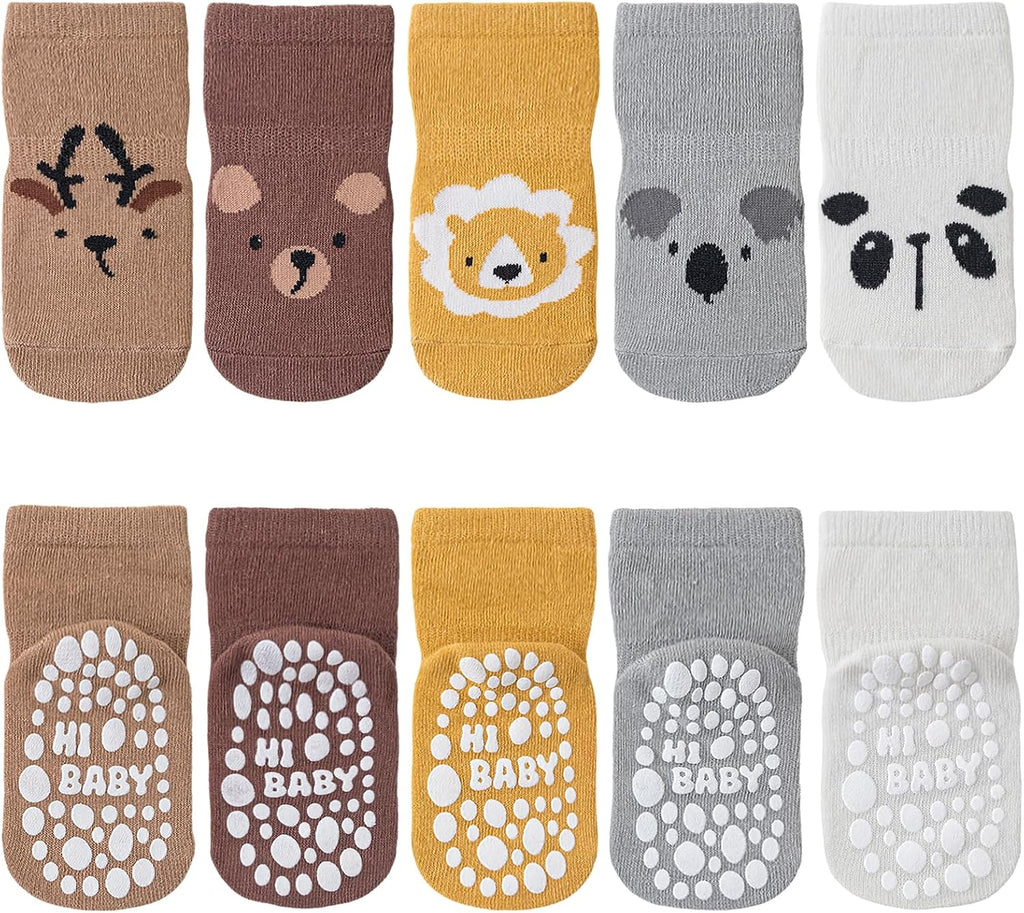 SockWaddles Chaussettes de bébé, 5 paires de chaussettes antidérapantes ABS respirantes pour enfants, chaussettes de bébé en coton, garçons et filles avec des animaux et des licornes