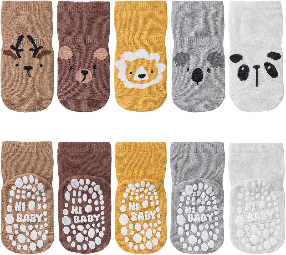 SockWaddles Chaussettes de bébé, 5 paires de chaussettes antidérapantes ABS respirantes pour enfants, chaussettes de bébé en coton, garçons et filles avec des animaux et des licornes