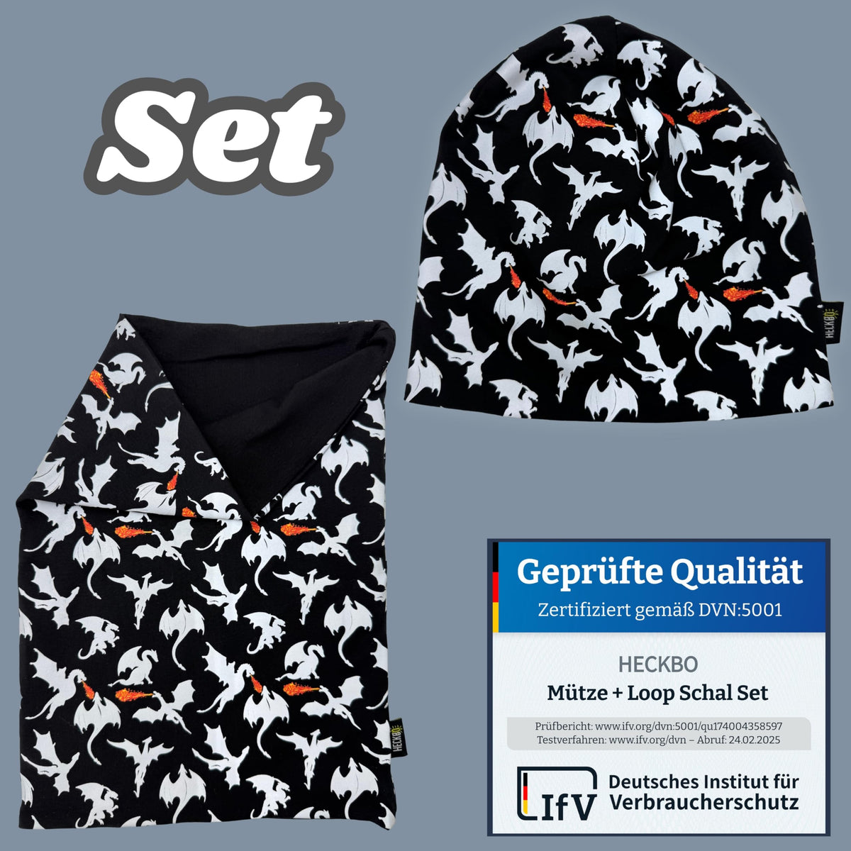 HECKBO 360° Reflektor Kinder Mütze & Loop Schal Set - 95% Baumwolle - weiches & pflegeleichtes Stretch-Material - Beanie Frühling Herbst Winter (48-54 cm)