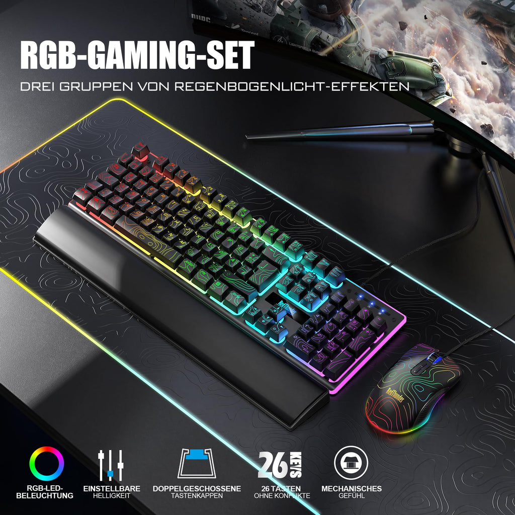 RedThunder K10 Gaming Tastatur und Maus Set, QWERTZ DE-Layout, Metallplatte und Handballenauflager，RGB-Hintergrundbeleuchtung - und 7D mit Ergonomische - für PC Mac Gamer(Weiß)