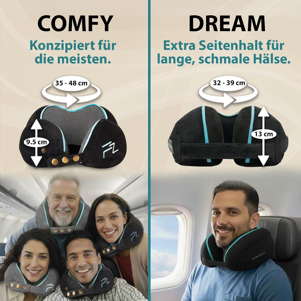 FLOWZOOM Comfy Nackenkissen Flugzeug & Auto mit Kapuze - Einstellbares Memory Foam Reisekissen mit Druckknöpfen für 360° Stütze, weicher Bezug - inkl. Transportbeutel - Grau