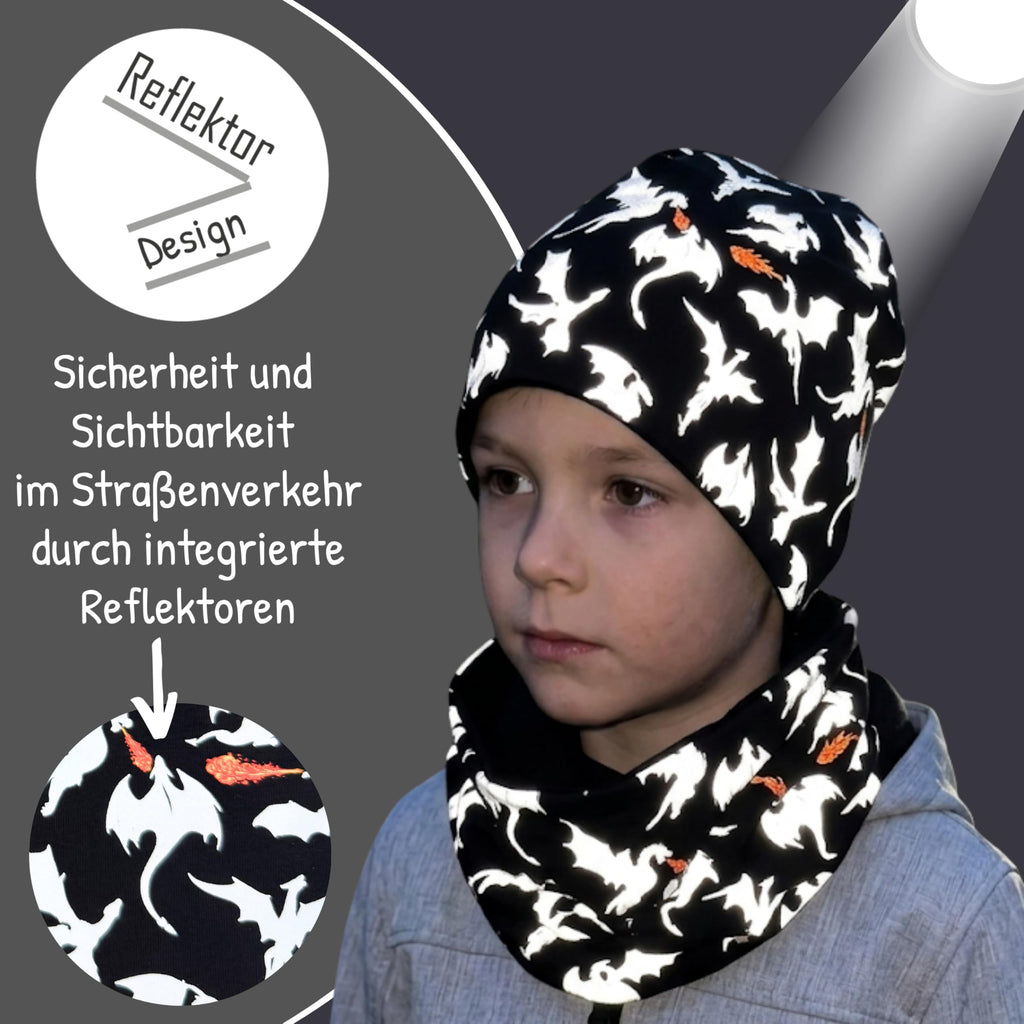HECKBO 360° Reflektor Kinder Mütze & Loop Schal Set - 95% Baumwolle - weiches & pflegeleichtes Stretch-Material - Beanie Frühling Herbst Winter (48-54 cm)