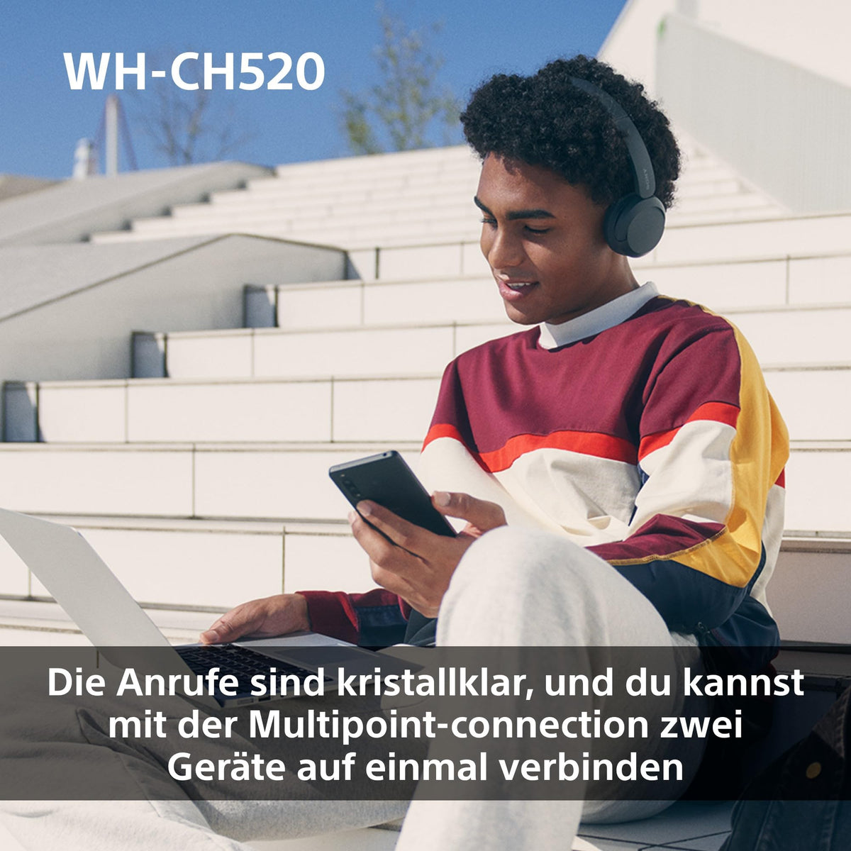 Sony WH-CH520 Kabellose Bluetooth-Kopfhörer - bis zu 50 Stunden Akkulaufzeit mit Schnellladefunktion, On-Ear-Modell - Schwarz