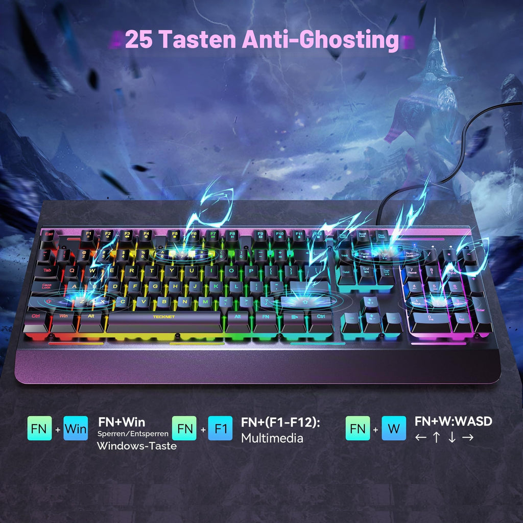TECKNET Gaming Tastatur 105 Tasten Membrantastatur mit Vollmetall-Gehäuse