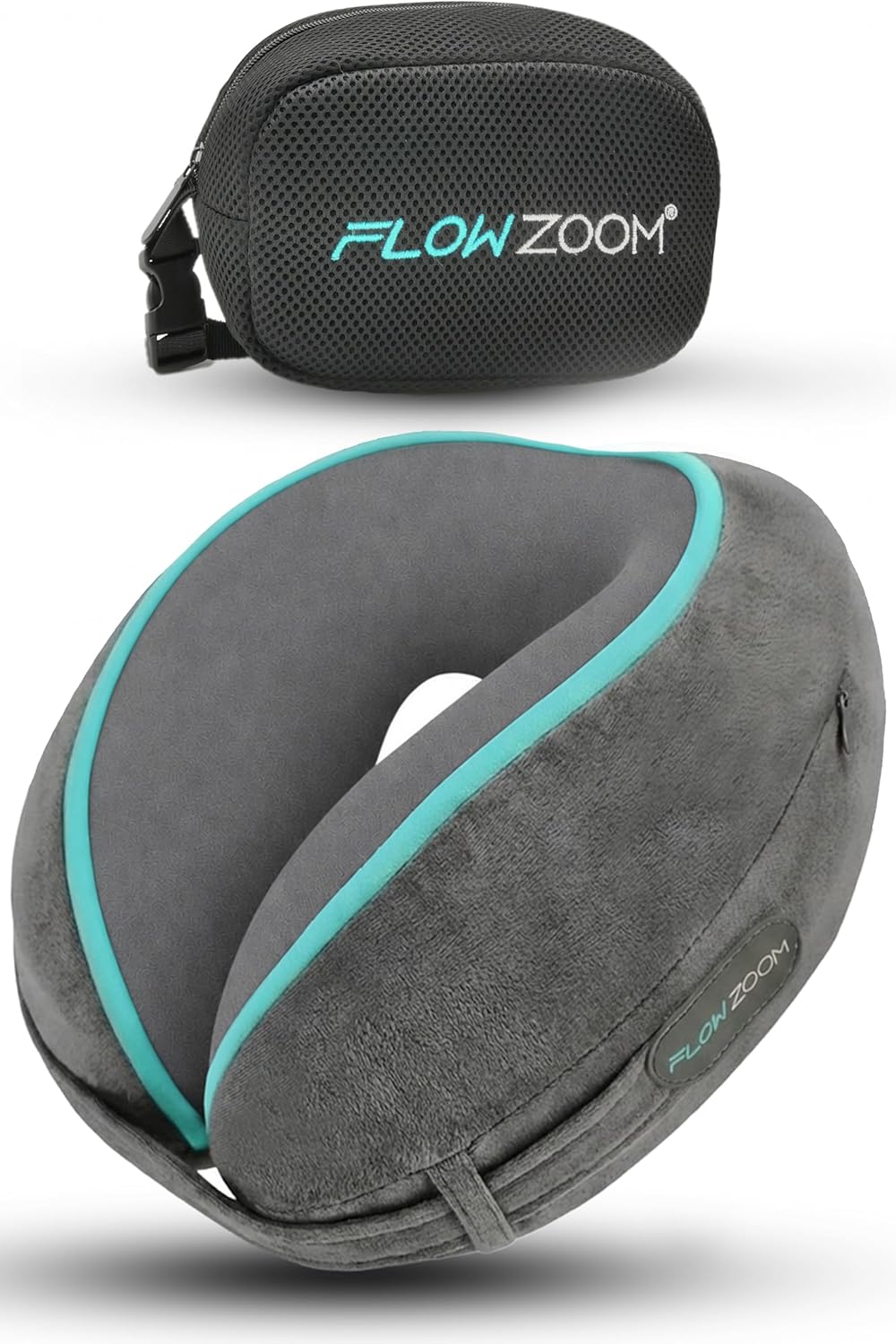 FLOWZOOM Comfy Nackenkissen Flugzeug & Auto mit Kapuze - Einstellbares Memory Foam Reisekissen mit Druckknöpfen für 360° Stütze, weicher Bezug - inkl. Transportbeutel - Grau