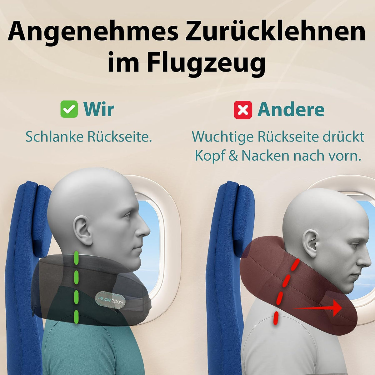 FLOWZOOM Comfy Nackenkissen Flugzeug & Auto mit Kapuze - Einstellbares Memory Foam Reisekissen mit Druckknöpfen für 360° Stütze, weicher Bezug - inkl. Transportbeutel - Grau
