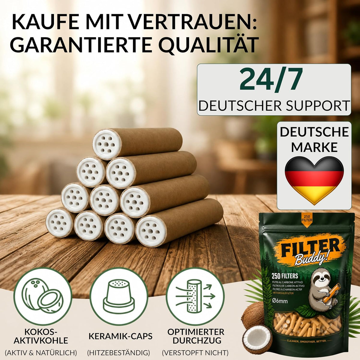 Aktivkohlefilter 6mm I 250 Aktivkohle Filter aus Kokoskohle I Keramikkappen