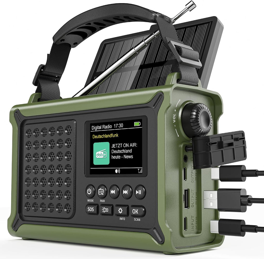 12000mAh Kurbelradio, DAB+/UKW, Notfallradio mit 8500mm² Solarpanel & 650mA Handkurbel-Dynamo, Solar Radio mit Bluetooth 5.0, Taschenlampe & Ladegerät, USB, SOS, Tragbares Radio für Camping & Notfälle