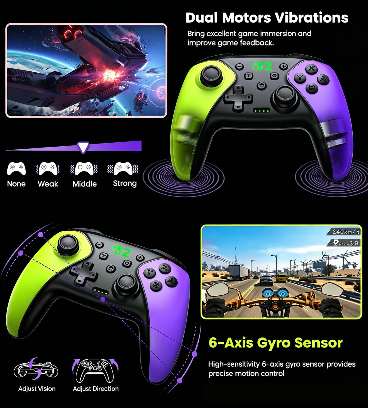 HELLCOOL Switch Controller, Kabellos Switch Pro Controller für Switch/Lite/OLED Konsole, Macro/Turbo/Aufwachfunktion, Präzise Steuerung, Dual Motors Vibration, 15 Std Spieldauer