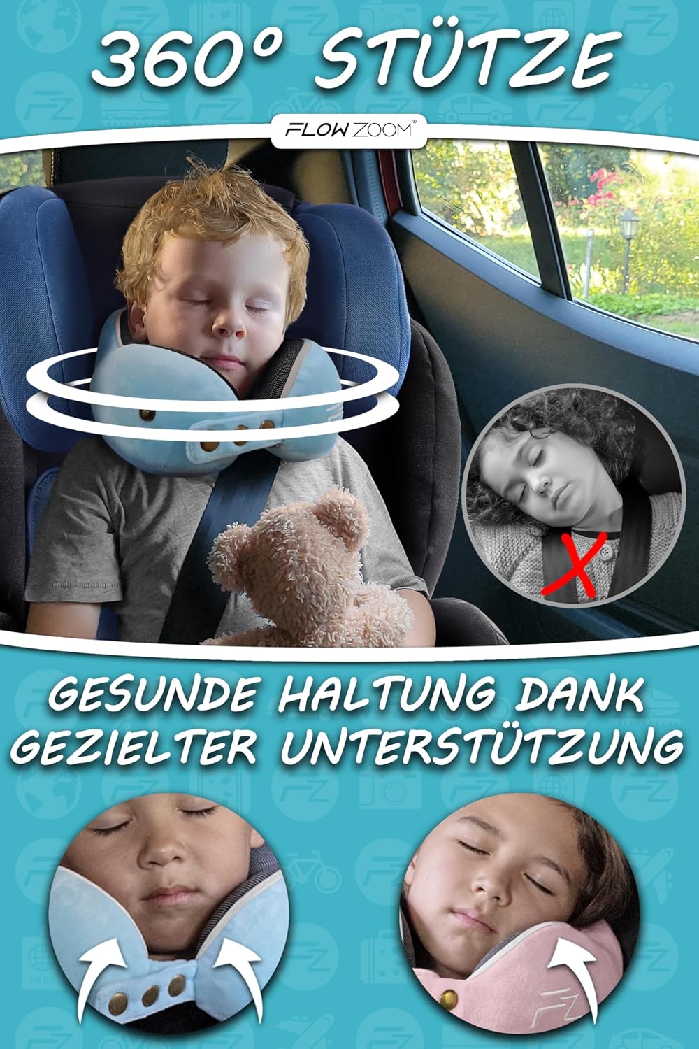 FLOWZOOM Comfy Nackenkissen Flugzeug & Auto mit Kapuze - Einstellbares Memory Foam Reisekissen mit Druckknöpfen für 360° Stütze, weicher Bezug - inkl. Transportbeutel - Grau