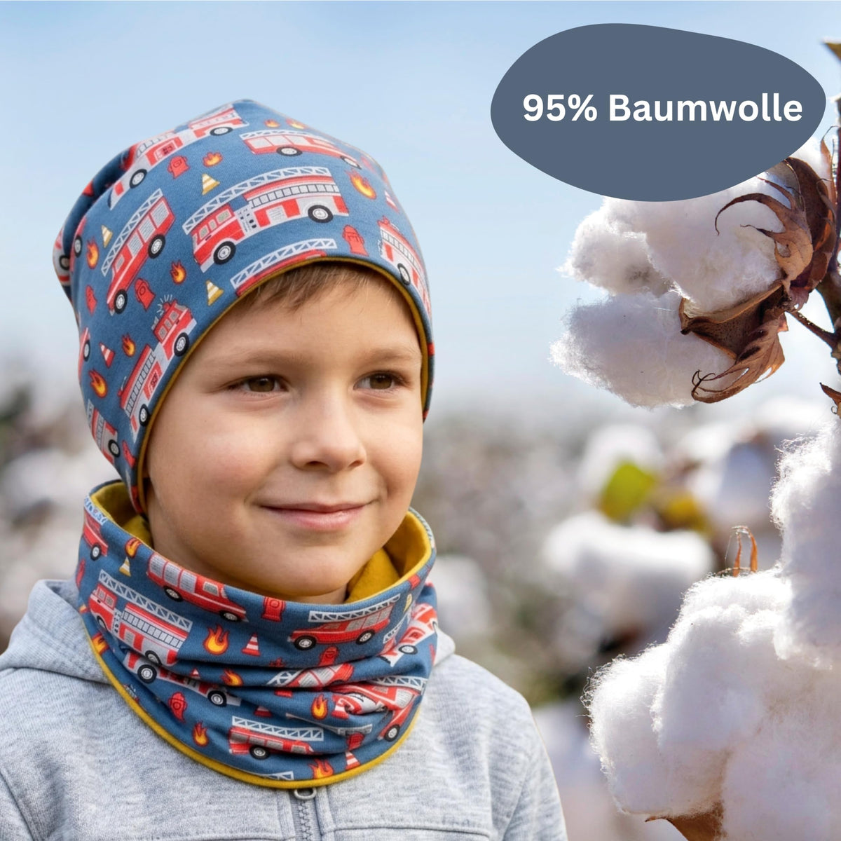 HECKBO 360° Reflektor Kinder Mütze & Loop Schal Set - 95% Baumwolle - weiches & pflegeleichtes Stretch-Material - Beanie Frühling Herbst Winter (48-54 cm)