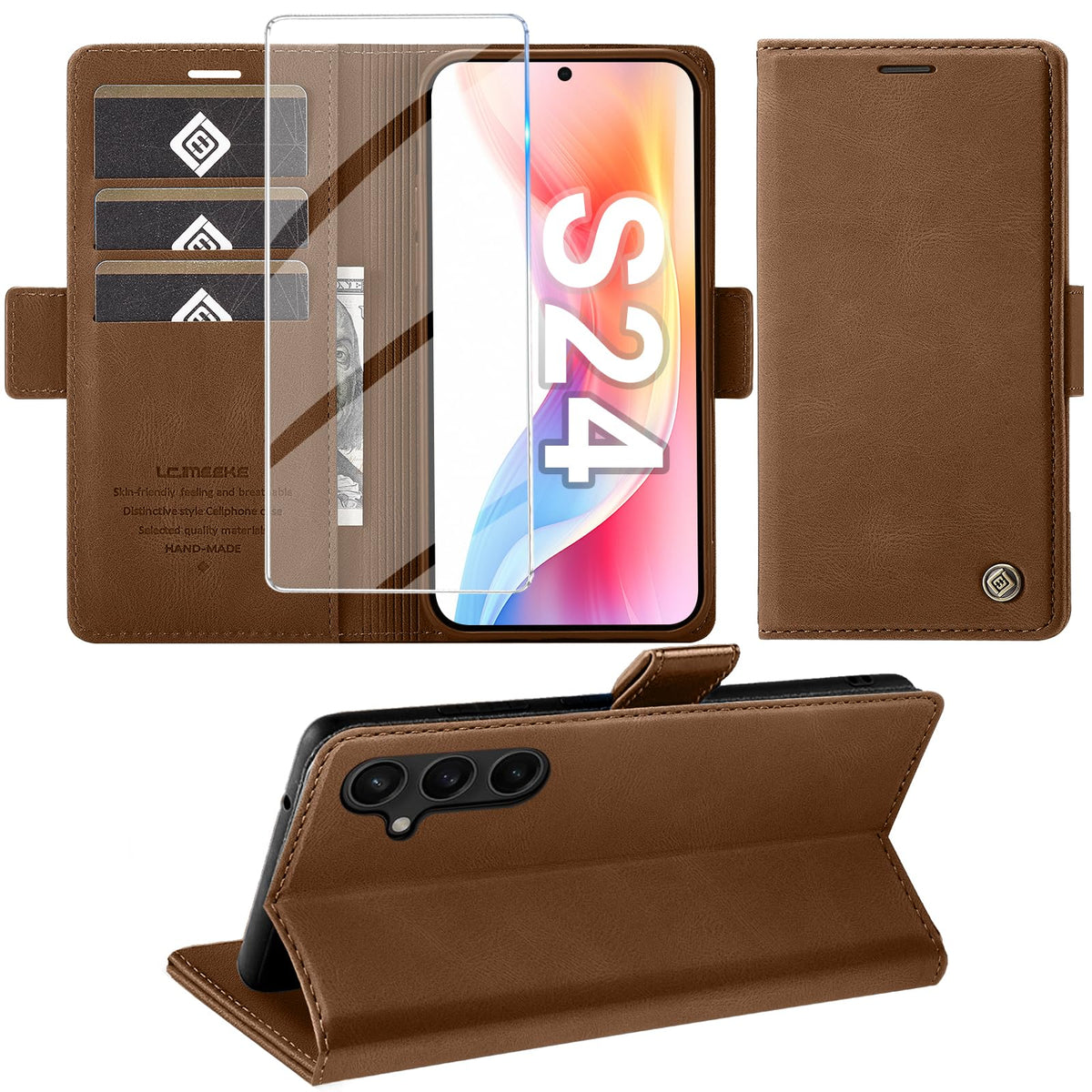 Giyer Handyhülle für Samsung Galaxy S24 5G Hülle mit Schutzfolie, Schutzhülle Galaxy S24 5G PU-Leder Wallet Flip Case Standfunktion Kartenfach Klapphülle für Samsung S24 5G Full Cover (Grün)