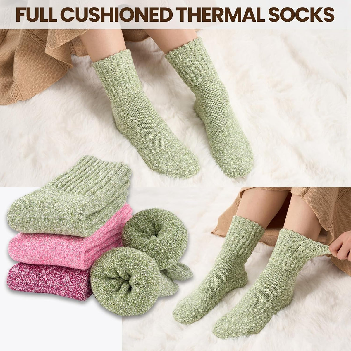 Niorasen Women's Thermal Socks, 3 Pairs Full Cushioned, Cosy Gift Winter
