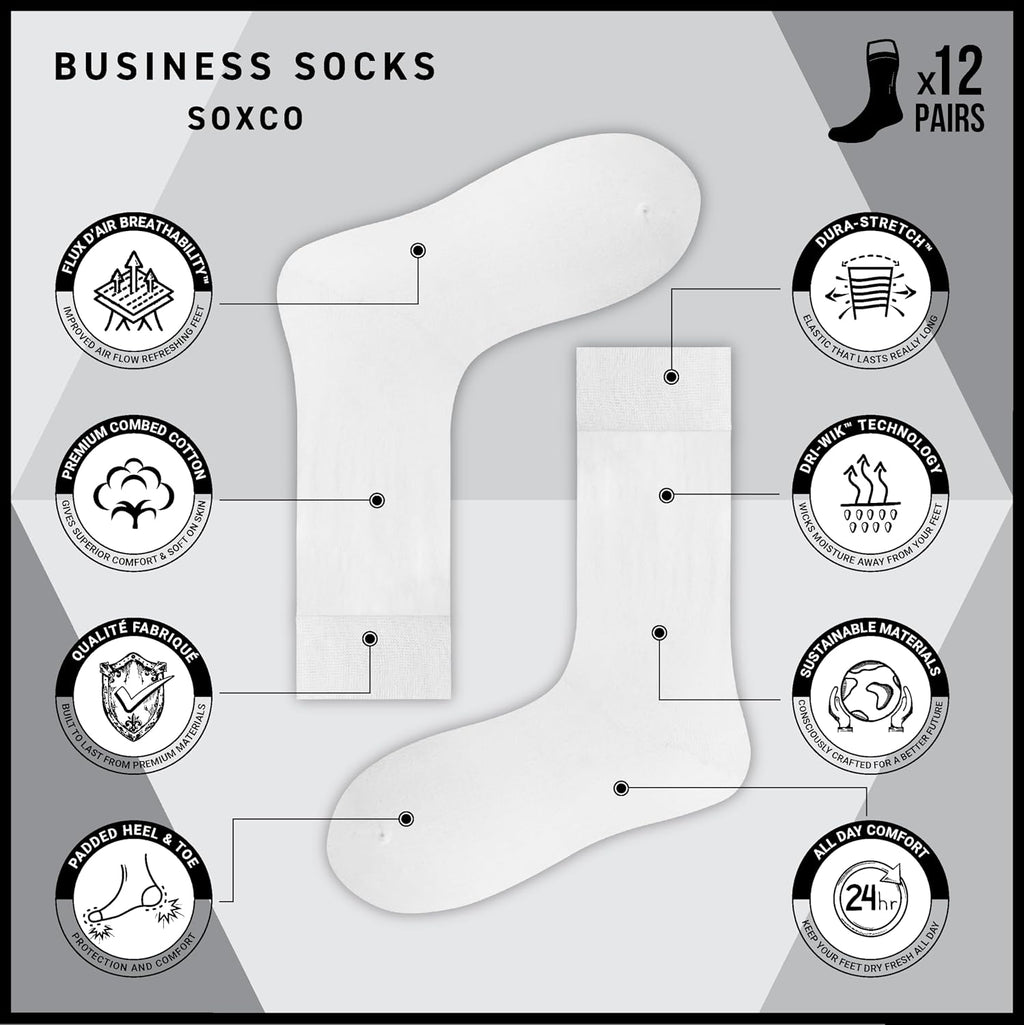 SOXCO Lot de 12 paires de chaussettes homme | Chaussettes habillées mi-mollet riches en coton | Tissu respirant idéales pour le travail et le quotidien | Noir, Blanc, Gris, Bleu Marine