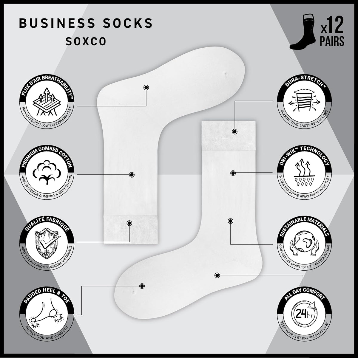 SOXCO Lot de 12 paires de chaussettes homme | Chaussettes habillées mi-mollet riches en coton | Tissu respirant idéales pour le travail et le quotidien | Noir, Blanc, Gris, Bleu Marine