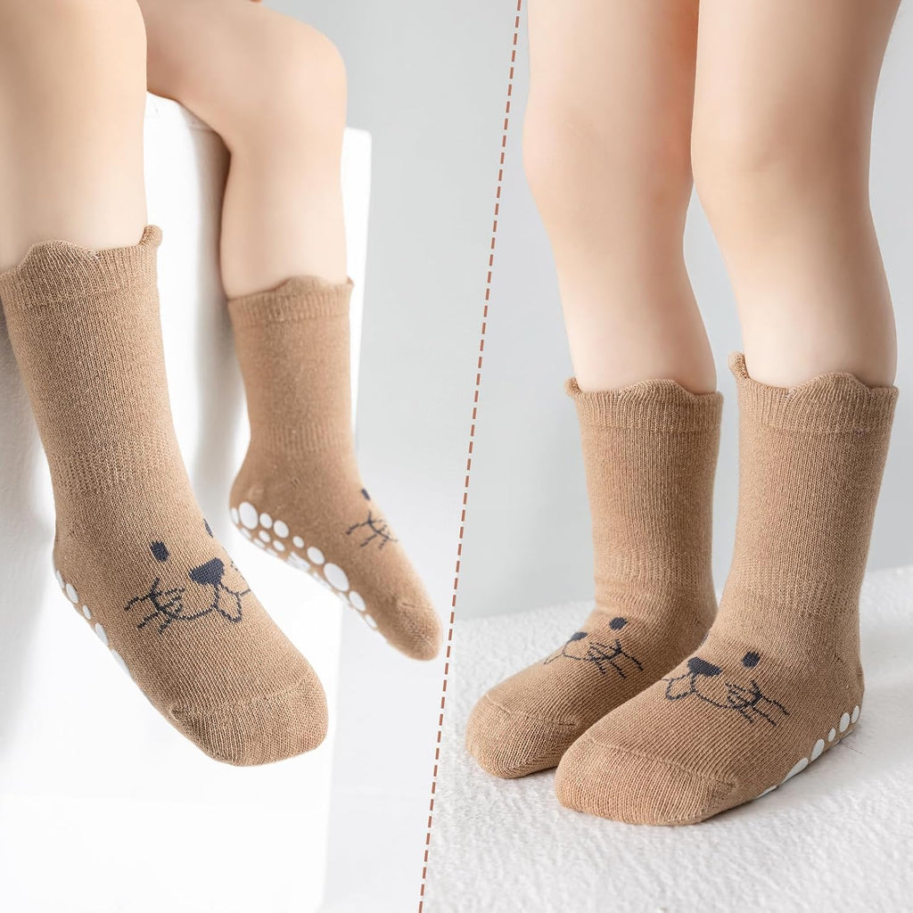 SockWaddles Chaussettes de bébé, 5 paires de chaussettes antidérapantes ABS respirantes pour enfants, chaussettes de bébé en coton, garçons et filles avec des animaux et des licornes