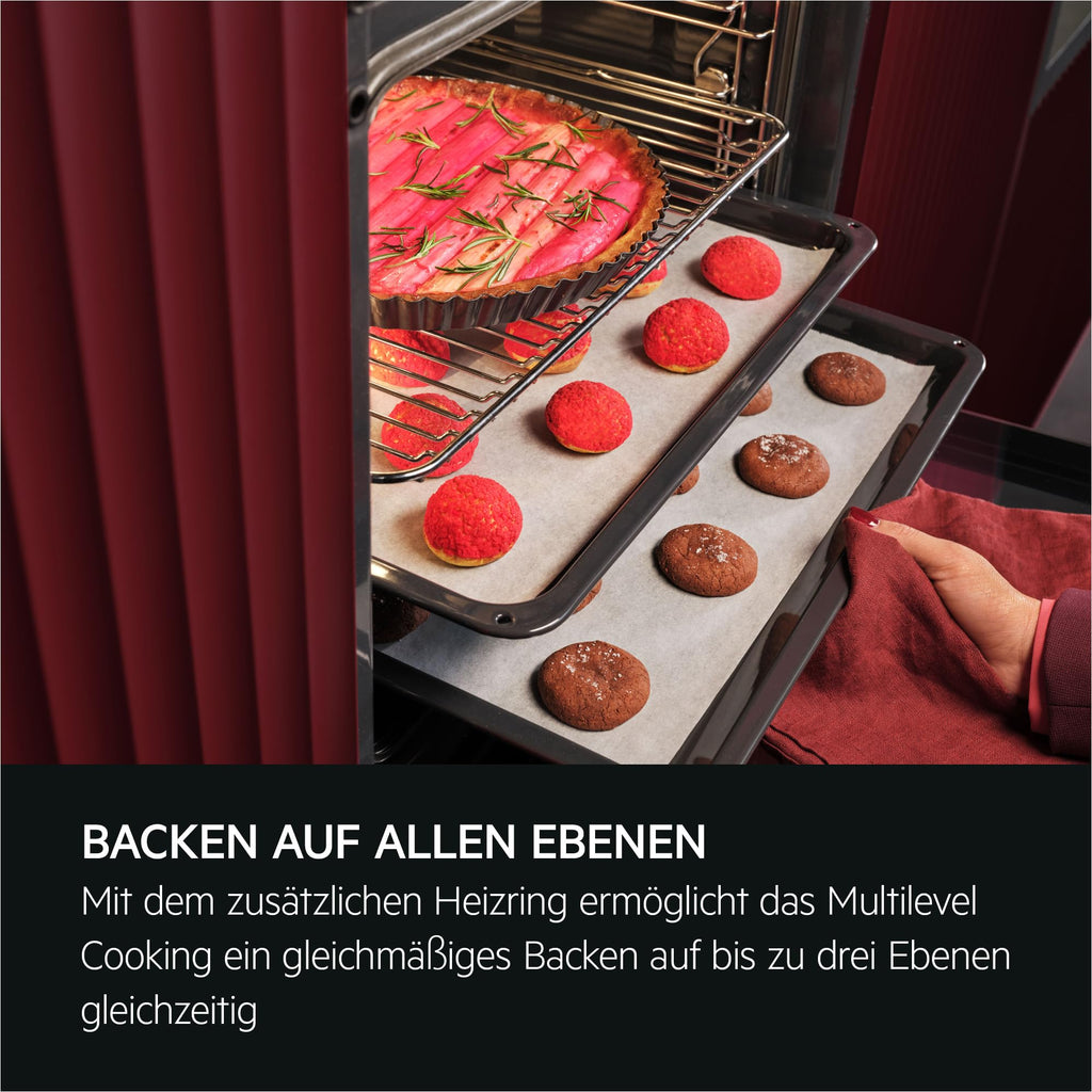 AEG Einbaubackofen, Serie 5 Ringheißluft: Gleichmäßige Garergebnisse auf 3 Ebenen, Pyrolyse Selbstreinigung, 45 Automatikprogramme, LED-Touchdisplay, Schnellaufheizung, Edelstahl, OU5PB40WSM