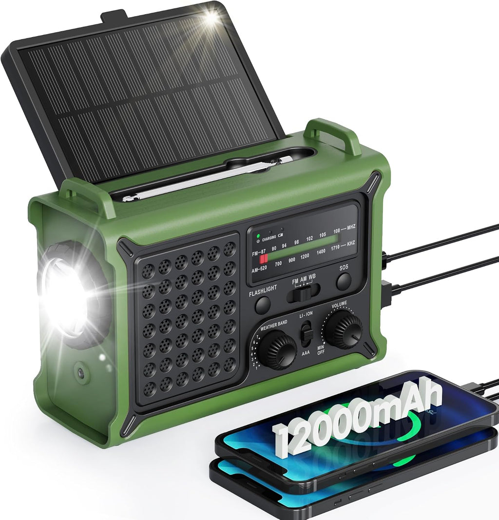 12000mAh Kurbelradio, DAB+/UKW, Notfallradio mit 8500mm² Solarpanel & 650mA Handkurbel-Dynamo, Solar Radio mit Bluetooth 5.0, Taschenlampe & Ladegerät, USB, SOS, Tragbares Radio für Camping & Notfälle