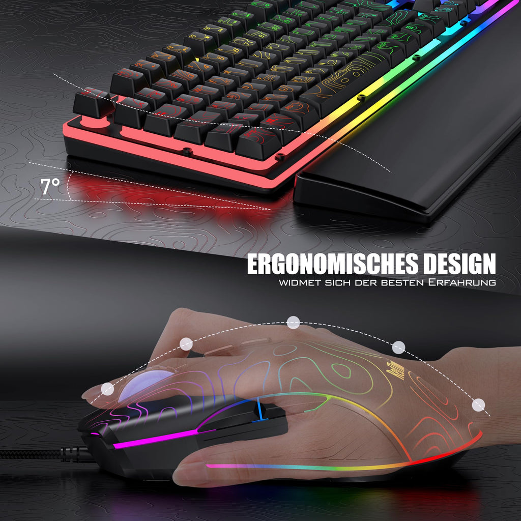 RedThunder K10 Gaming Tastatur und Maus Set, QWERTZ DE-Layout, Metallplatte und Handballenauflager，RGB-Hintergrundbeleuchtung - und 7D mit Ergonomische - für PC Mac Gamer(Weiß)