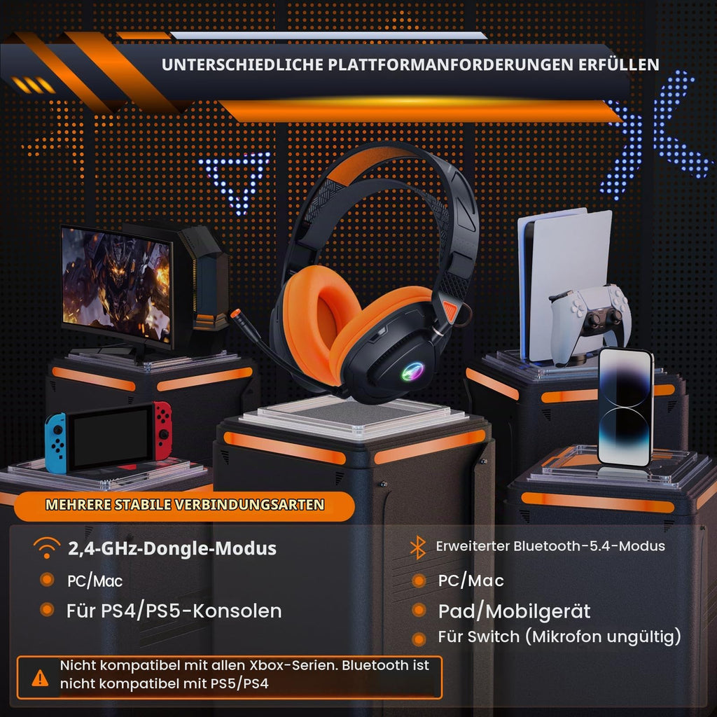 Gaming Headset Wireless für PS5 PS4 PC MAC Handy, 2.4Ghz(USB & Typ-C)+ BT