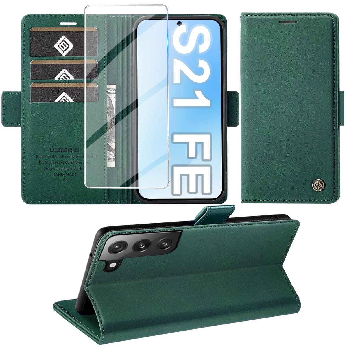Giyer Handyhülle für Samsung Galaxy S24 5G Hülle mit Schutzfolie, Schutzhülle Galaxy S24 5G PU-Leder Wallet Flip Case Standfunktion Kartenfach Klapphülle für Samsung S24 5G Full Cover (Grün)
