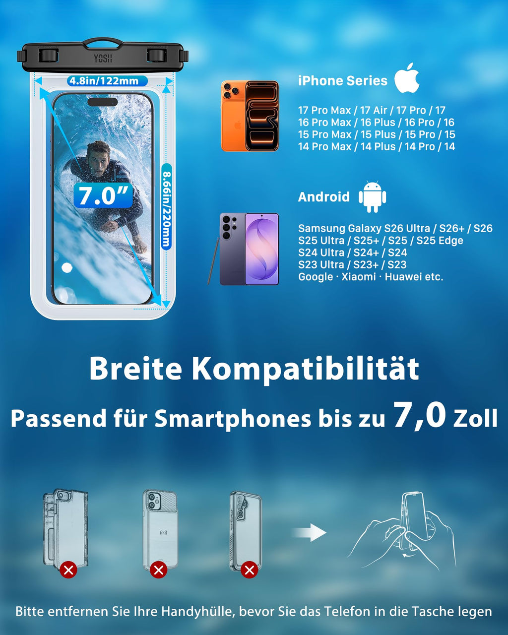 YOSH wasserdichte Handyhülle [Schwimmende & Nahtloser] 2 STK., bis zu 7,5"