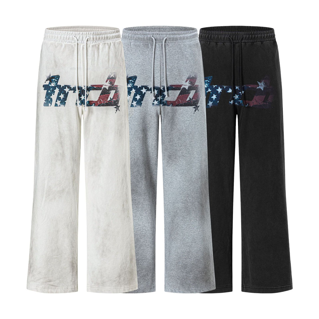 Printed Distressed Wash Drawstring Wide Leg Sweatpants