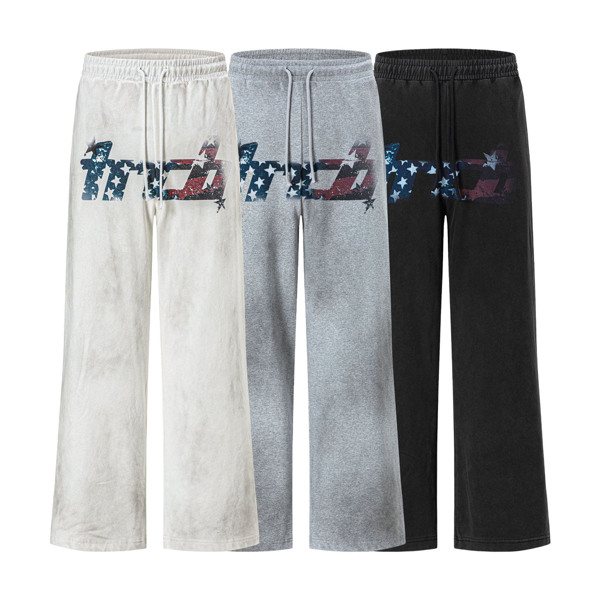 Printed Distressed Wash Drawstring Wide Leg Sweatpants