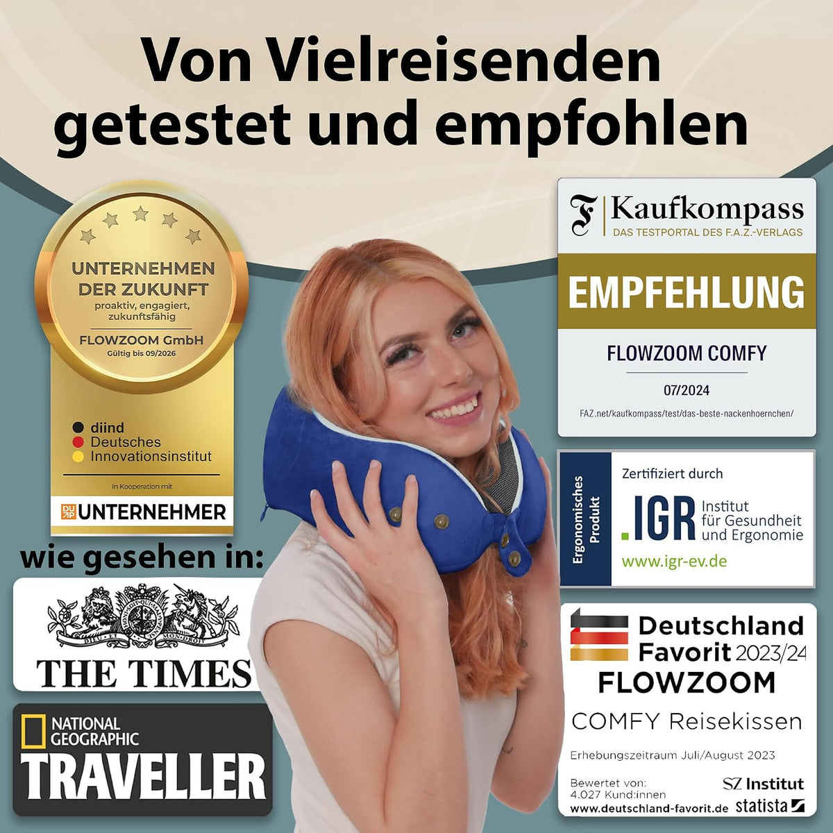 FLOWZOOM Comfy Nackenkissen Flugzeug & Auto mit Kapuze - Einstellbares Memory Foam Reisekissen mit Druckknöpfen für 360° Stütze, weicher Bezug - inkl. Transportbeutel - Grau
