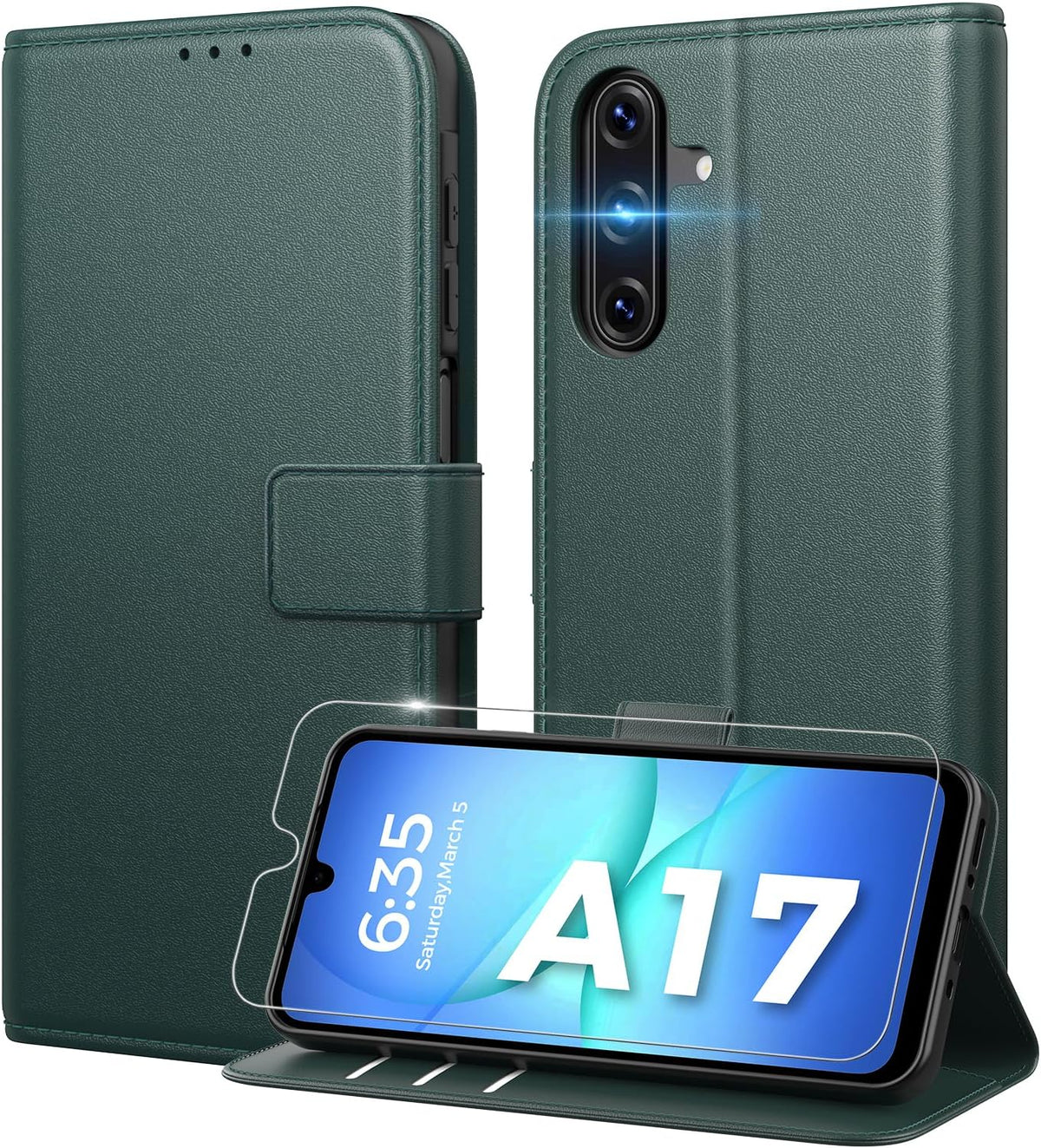 Peakally Handyhülle für Samsung Galaxy A17 5G Hülle [Mit 1 Stück Panzer Schutz Glas] [Premium PU Leder] [RFID-Blockierung] [Kartenfach] Klapphülle kompatibel mit Galaxy A17 5G / 4G - Grün