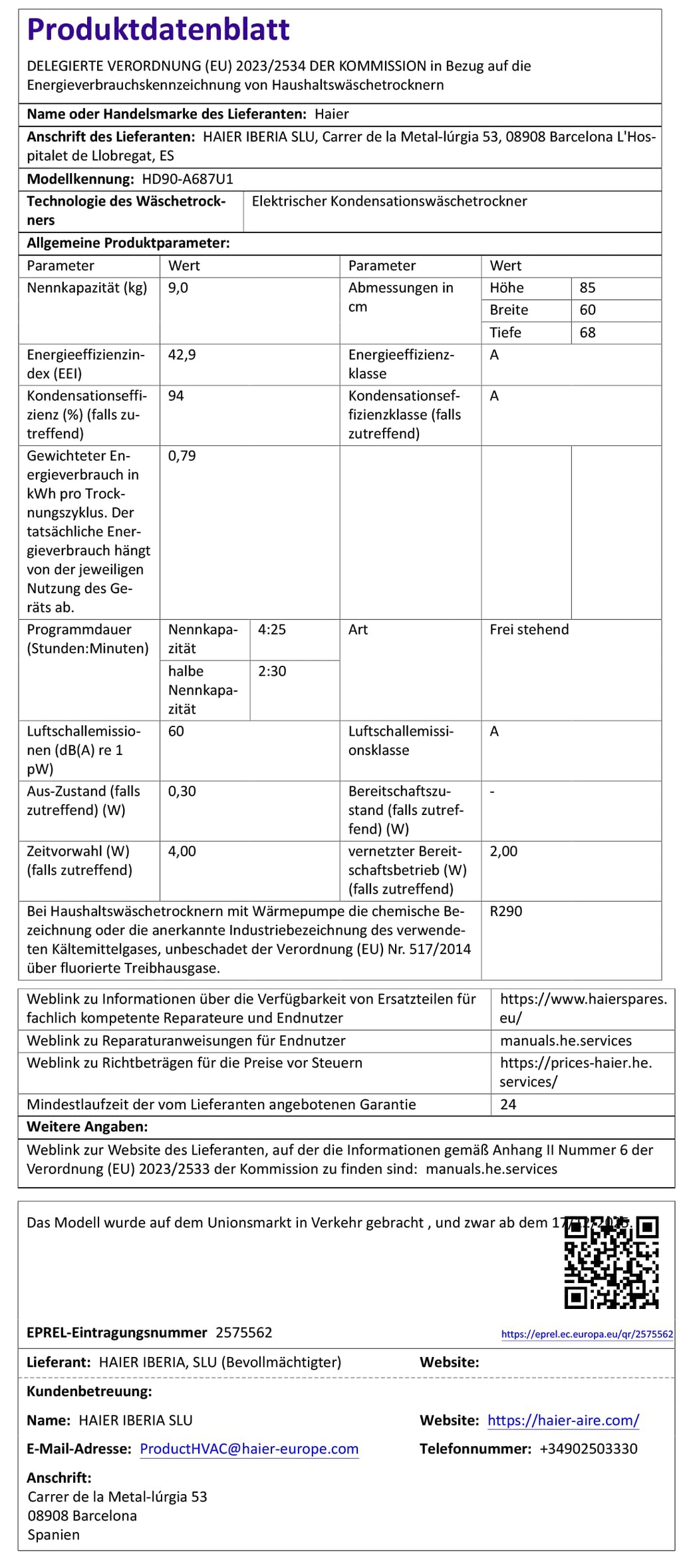 Haier Wärmepumpentrockner 9kg I G7 Serie I Klasse B I AI Power Inverter Motor, iOn Air Fresh, Pillow-Schontrommel, Automatik- & Hygiene-Programm, hOn AppI HD90-B667U1