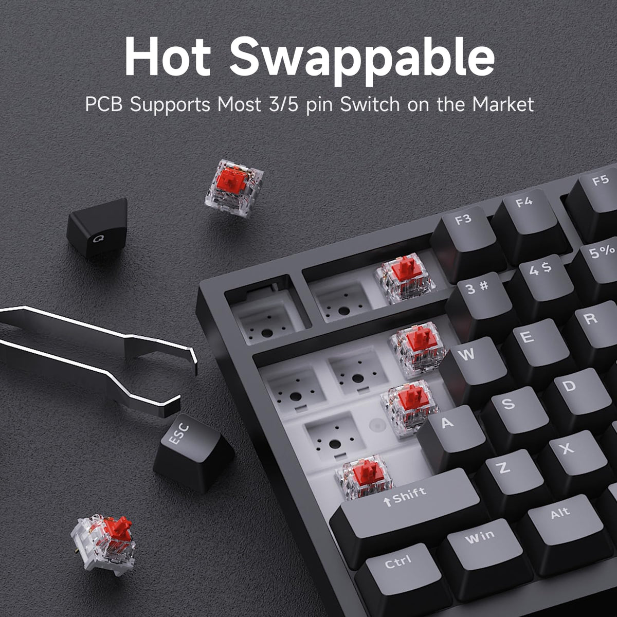 AJAZZ AK820 Mechanical Keyboard, 75% Hot Swappable Wired Keyboard with Volume Control Knob, QWERTY Layout, PBT Keycaps, Five-Layer Sound Insulation Pad, 82-Key Gaming Keyboard, Grey White