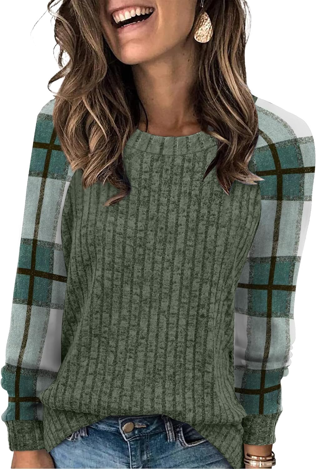 WIHOLL Langarmshirts für Damen Leichte Pullover Herbstoutfits 2026 Color-Block Winterkleidung Schick Lässig Weich