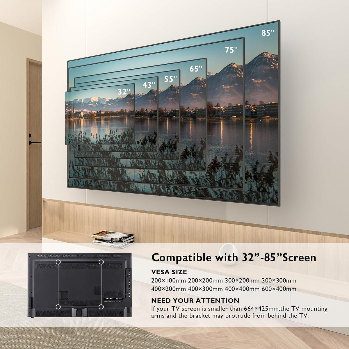 BONTEC TV Wandhalterung für 32-85 Zoll Fernseher, bis zu 60 kg