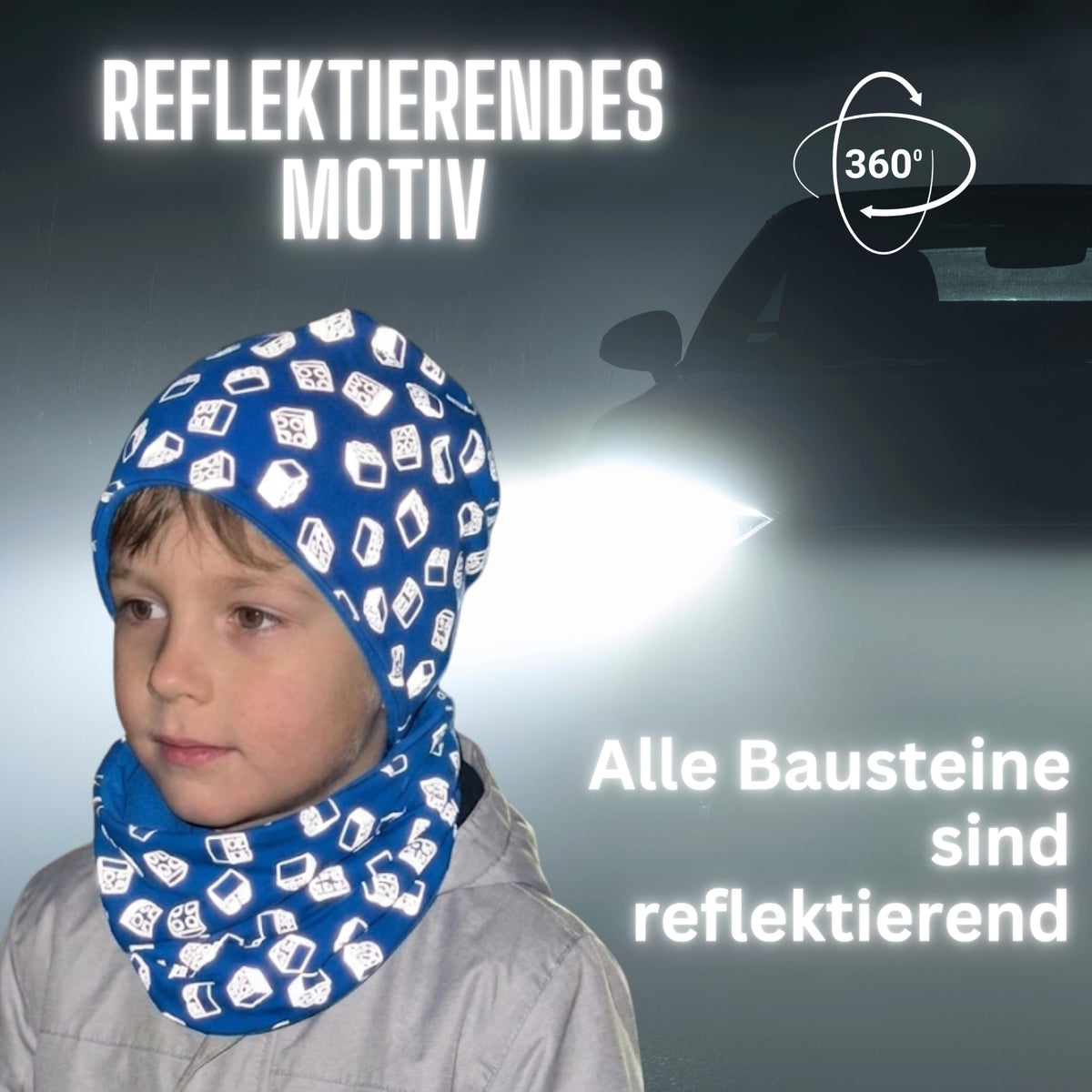 HECKBO 360° Reflektor Kinder Mütze & Loop Schal Set - 95% Baumwolle - weiches & pflegeleichtes Stretch-Material - Beanie Frühling Herbst Winter (48-54 cm)