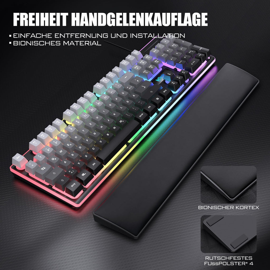 RedThunder K10 Gaming Tastatur und Maus Set, QWERTZ DE-Layout, Metallplatte und Handballenauflager，RGB-Hintergrundbeleuchtung - und 7D mit Ergonomische - für PC Mac Gamer(Weiß)