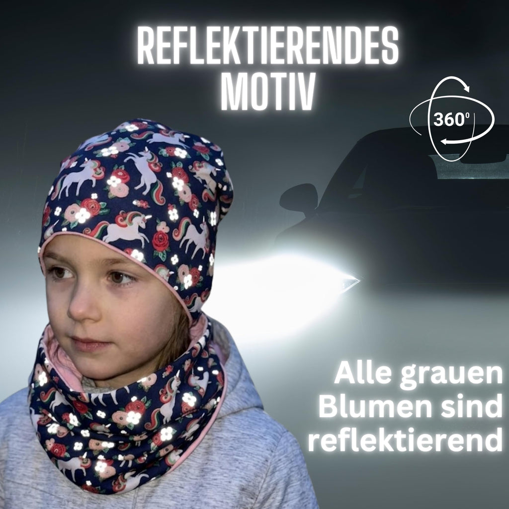 HECKBO 360° Reflektor Kinder Mütze & Loop Schal Set - 95% Baumwolle - weiches & pflegeleichtes Stretch-Material - Beanie Frühling Herbst Winter (48-54 cm)