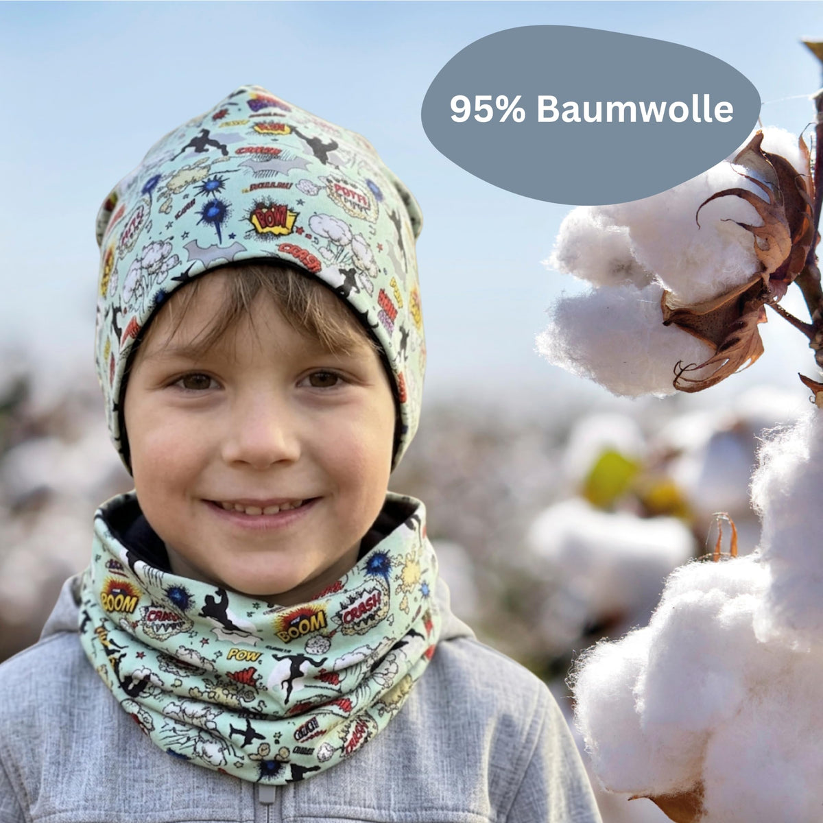 HECKBO 360° Reflektor Kinder Mütze & Loop Schal Set - 95% Baumwolle - weiches & pflegeleichtes Stretch-Material - Beanie Frühling Herbst Winter (48-54 cm)
