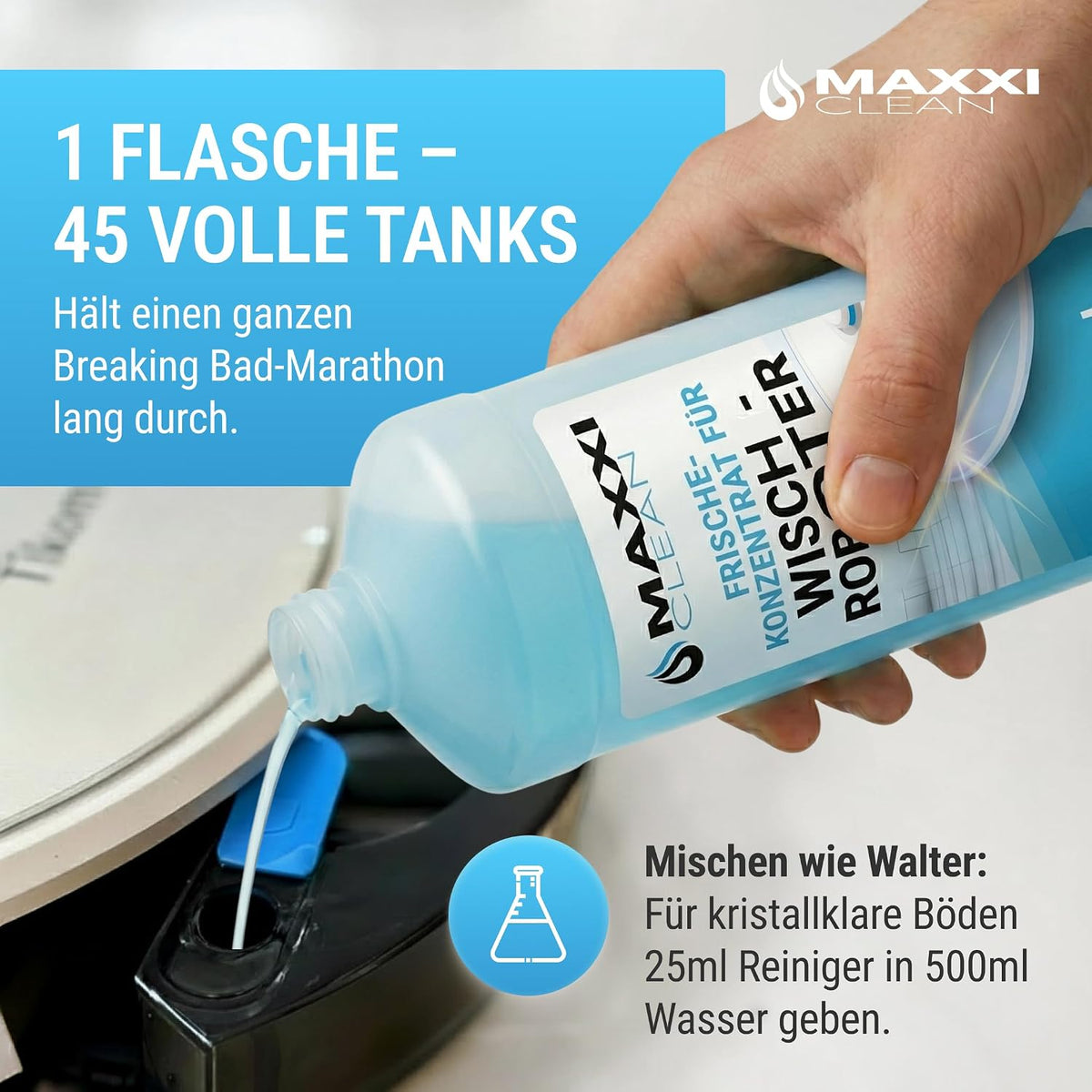 Maxxi Clean 1 x 750 ml Reinigungsmittel für Saugroboter mit Wischfunktion I Konzentrat mit Frische Duft I Universalreiniger für Fliesen, Laminat, Parkett I kompatibel mit gängigen Herstellern