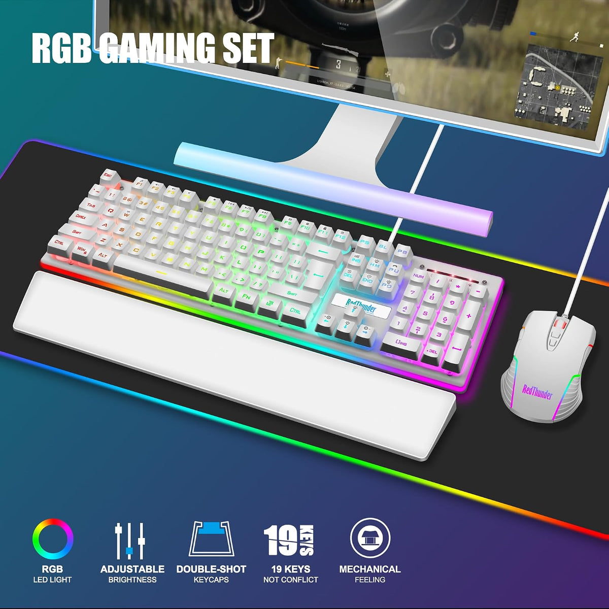 RedThunder K10 Gaming Tastatur und Maus Set, QWERTZ DE-Layout, Metallplatte und Handballenauflager，RGB-Hintergrundbeleuchtung - und 7D mit Ergonomische - für PC Mac Gamer(Weiß)