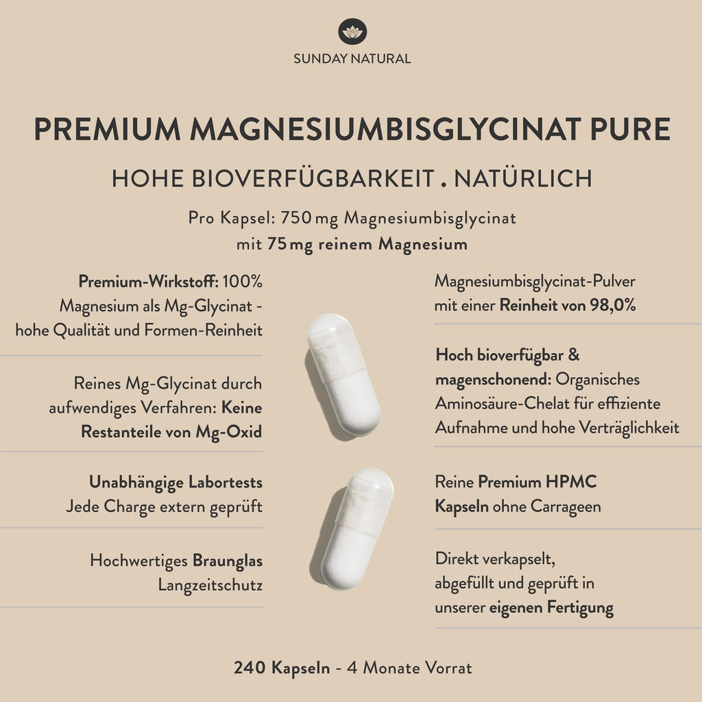 SUNDAY NATURAL® Magnesium Bisglycinat - 240 Kapseln - 300mg reines Magnesium pro Tagesdosis - Depot Magnesiumglycinat als organisches Aminosäurechelat - Laborgeprüft, vegan