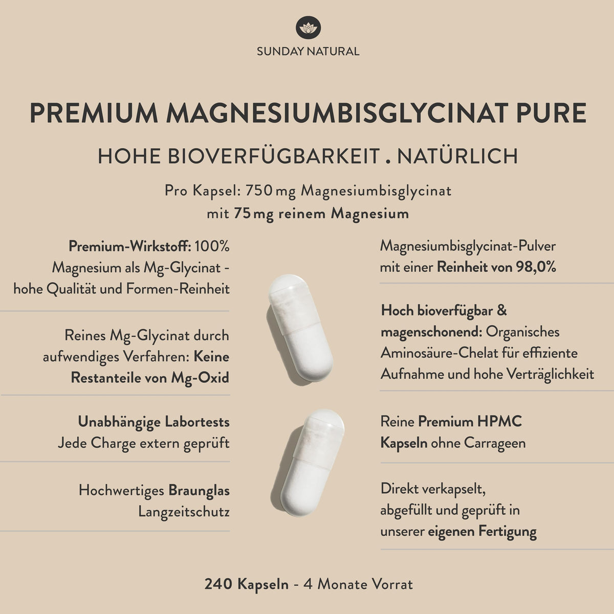 SUNDAY NATURAL® Magnesium Bisglycinat - 240 Kapseln - 300mg reines Magnesium pro Tagesdosis - Depot Magnesiumglycinat als organisches Aminosäurechelat - Laborgeprüft, vegan