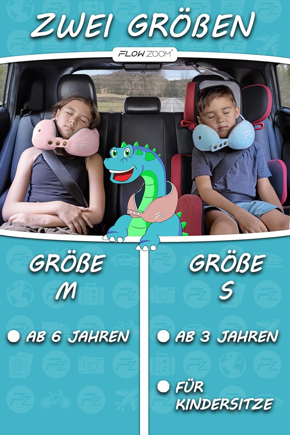 FLOWZOOM Comfy Nackenkissen Flugzeug & Auto mit Kapuze - Einstellbares Memory Foam Reisekissen mit Druckknöpfen für 360° Stütze, weicher Bezug - inkl. Transportbeutel - Grau