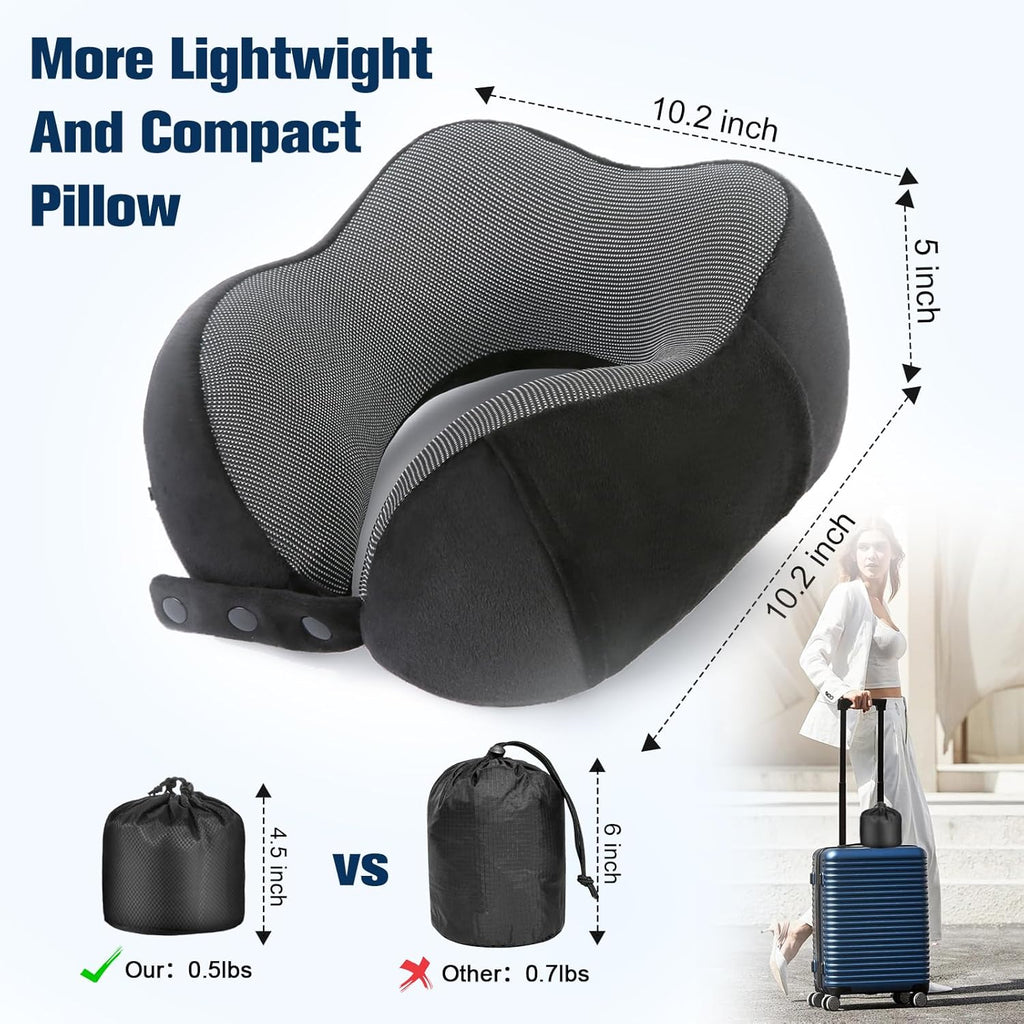 Cirorld Travel Pillow for Airplane, Neck Pillow for Travel, Memory Foam Travel Neck Pillow for Adults, Adjustable & Compact Flight Pillow, Ergonomic Neck Cushion, With Ear Plugs, Eye Mask, Carry Bag