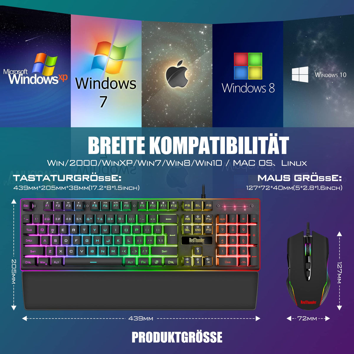 RedThunder K10 Gaming Tastatur und Maus Set, QWERTZ DE-Layout, Metallplatte und Handballenauflager，RGB-Hintergrundbeleuchtung - und 7D mit Ergonomische - für PC Mac Gamer(Weiß)