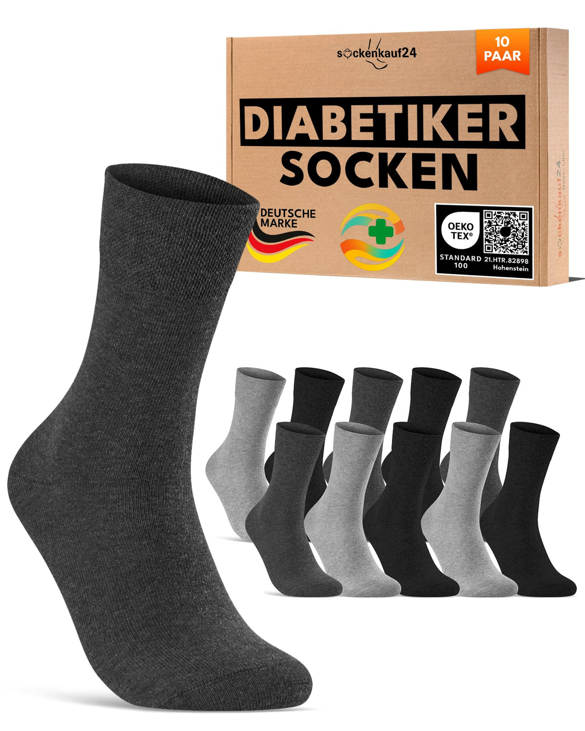 sockenkauf24 10 Paar Diabetikersocken für Herren & Damen ohne Gummibund & ohne Naht aus Baumwolle Diabetiker Socken mit Komfortbund ohne Gummi
